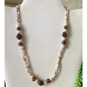 Beaded Sea Shell Chips & Smooth Nuggets Necklace Surfer Beach Earth Tones 18”